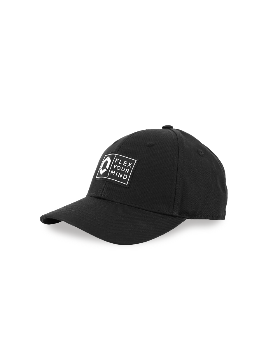 Schwarze Trucker-Kappe mit Flex-On Logo-Aufnäher und Flex Your Mind.